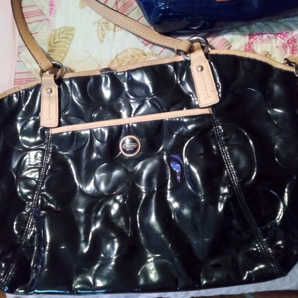 Coach Black and Tan Shoulder Bag with Patent Leather Finish